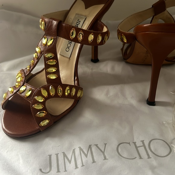 Jimmy Choo Shoes - Jimmy Choo Brown Leather Swarovski Crystals Heels Made in Size 38
